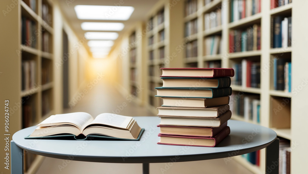 A stack of thick books and an open book next to it on a minimalist table with a bright cream blurred bookshelf hallway as the background A stack of thick books and an open book next to it on a minimalist table with a bright cream blurred bookshelf hallway as the background