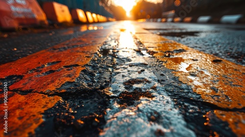 Sunset on wet asphalt road with yellow line photo