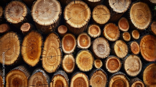 Close-up of Stacked Wooden Logs Showing Growth Rings