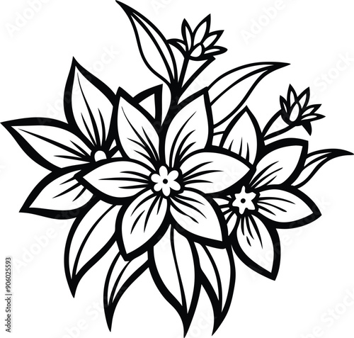 Exotic Flower illustration black and white, decorative, fashion, retro, spring, foliage