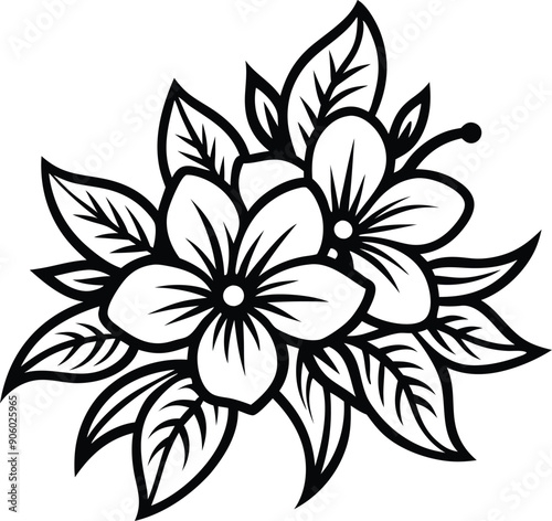 Exotic Flower illustration black and white,  decorative, fashion, retro, spring, foliage