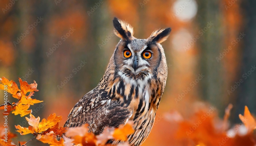 Autumn nature. Owl in orange forest, yellow leaves. Long-eared Owl with orange oak leaves during autumn. Wildlife scene from nature, Poland, Europe. Autumn nature. Owl in orange forest, yellow leaves. Long-eared Owl with orange oak leaves during autumn. Wildlife scene from nature, Poland, Europe.
