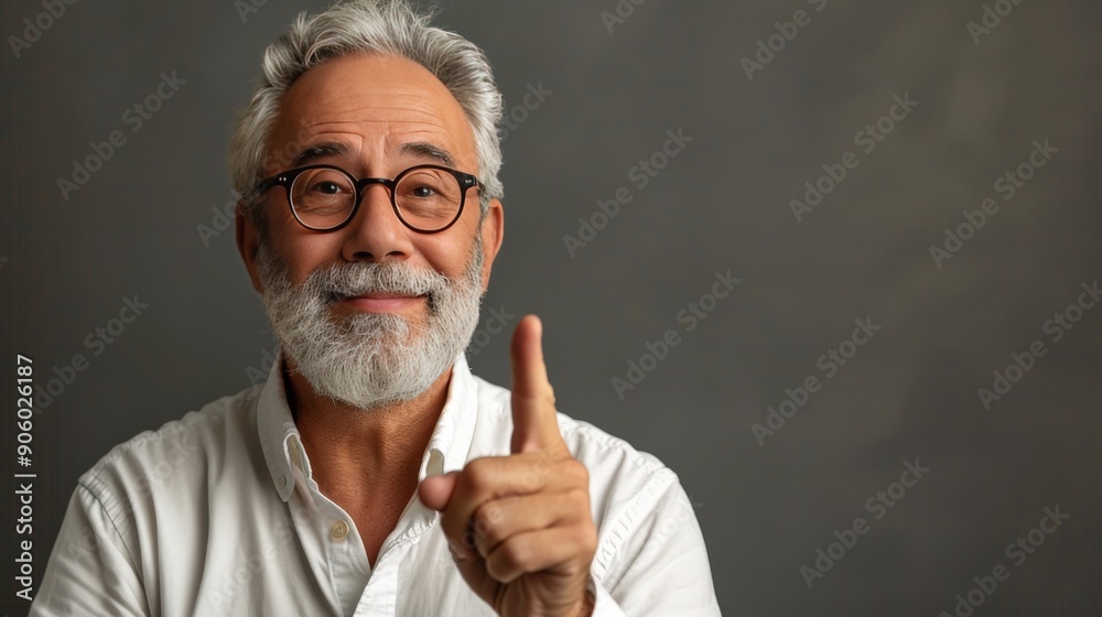 Thoughtful mature man in glasses has an idea and points up with one finger Thoughtful mature man in glasses has an idea and points up with one finger