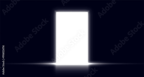 White opened door, glowing entrance, illuminated heaven gate concept, bright mystery doorway. Vector illustration.