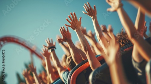 Thrillseekers reaching for the sky on a roller coaster ride photo