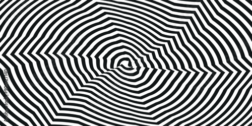 Abstract hypnotic spinning lines background. Black and white tunnel wallpaper. Psychedelic twisted stripes pattern. Rotating spiral knot template for poster, banner, cover. Vector optical illusion