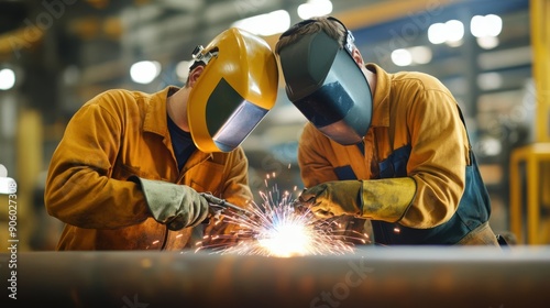 Welder training new apprentices, knowledge transfer, education in skilled trades