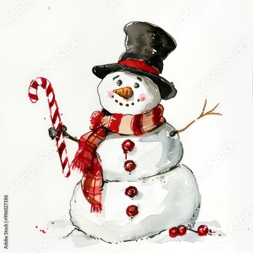 christmas snowman with a candy cane watercolor illustration photo