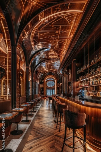 Nightclub interior with wooden bar counter, chairs and drinks. Vertical