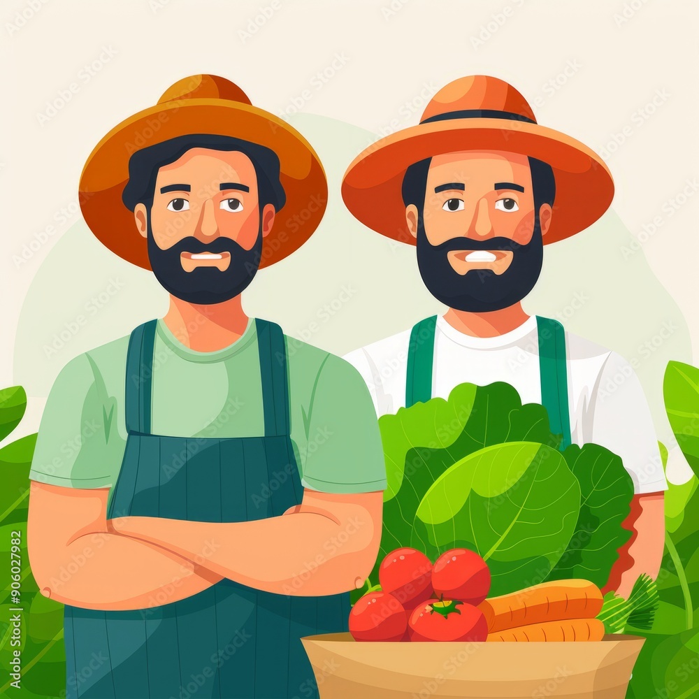 Two male farmers smiling proudly with a basket of fresh vegetables in a lush green setting, representing sustainable agriculture. Two male farmers smiling proudly with a basket of fresh vegetables in a lush green setting, representing sustainable agriculture.