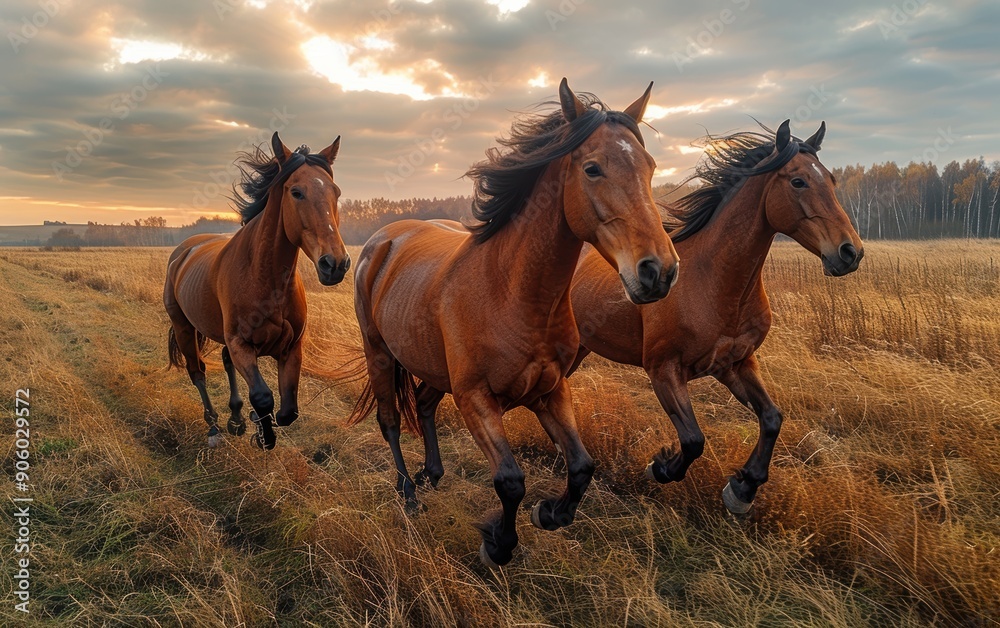 Fototapeta premium Three Horses Running in a Field