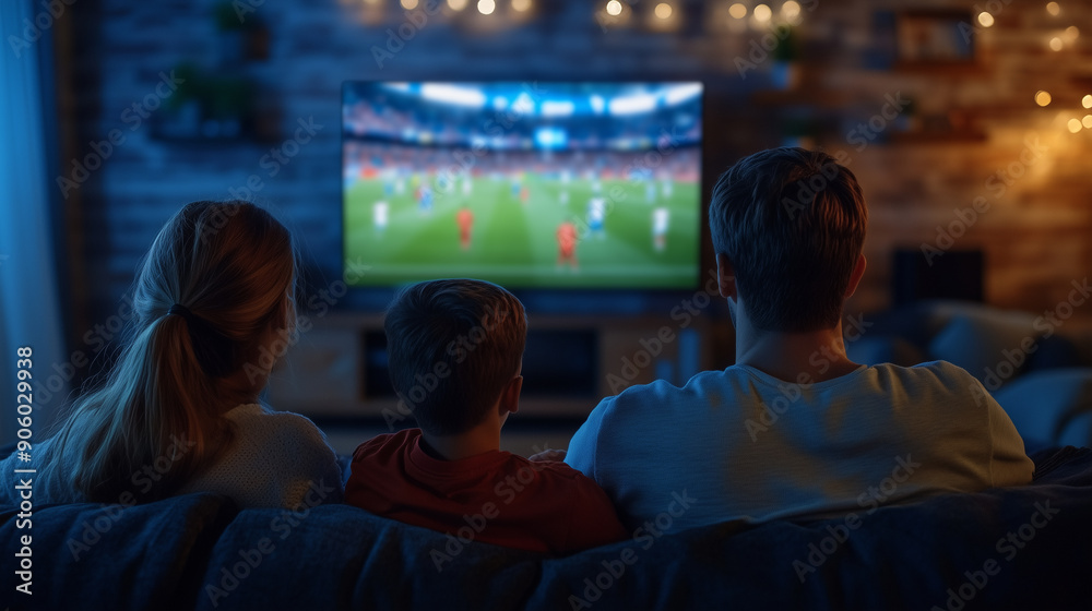 A cozy family scene with a mother, father, and son gathered on the sofa, engrossed in a lively soccer game on television A cozy family scene with a mother, father, and son gathered on the sofa, engrossed in a lively soccer game on television