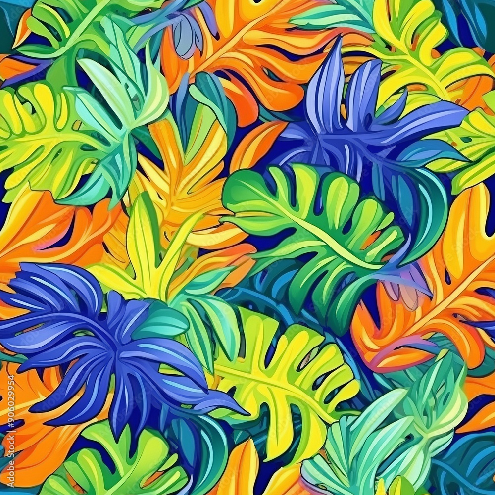 Vibrant and colorful tropical leaves seamless pattern background