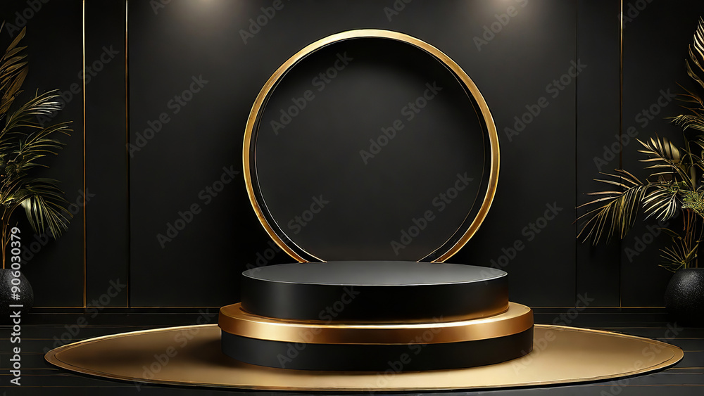 Luxury Black and Gold Podium Background - Premium Round Showcase for Cosmetic Display, Highlighted by Spotlights. Made with Generative AI Technology Luxury Black and Gold Podium Background - Premium Round Showcase for Cosmetic Display, Highlighted by Spotlights. Made with Generative AI Technology
