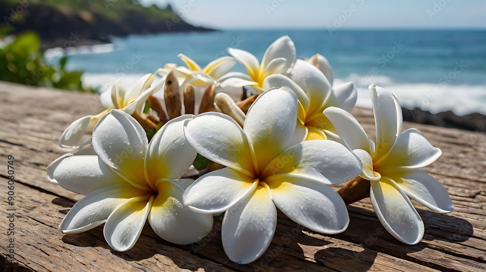 white plumeria flowers on the beach. white plumeria flowers on the beach.