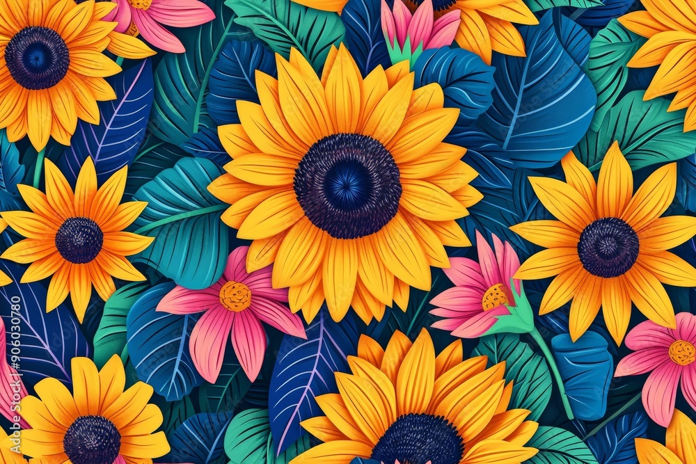 Vibrant sunflowers and pink flowers with lush green leaves seamless pattern Vibrant sunflowers and pink flowers with lush green leaves seamless pattern