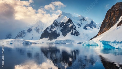 Blue Ice covered mountains in south polar ocean. Winter Antarctic landscape. The mount's reflection in the crystal clear water. The cloudy sky over the massive rock glacier. Travel wild nature