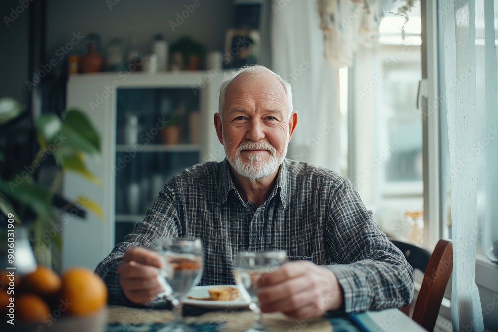 A Senior Man Smiling at the Camera While Holding a Glass of Water at a Table