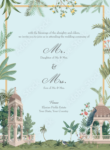 Mughal garden wedding invitation card design. Tropical trees, flowers, peacocks, and bird elements for invitation card design.