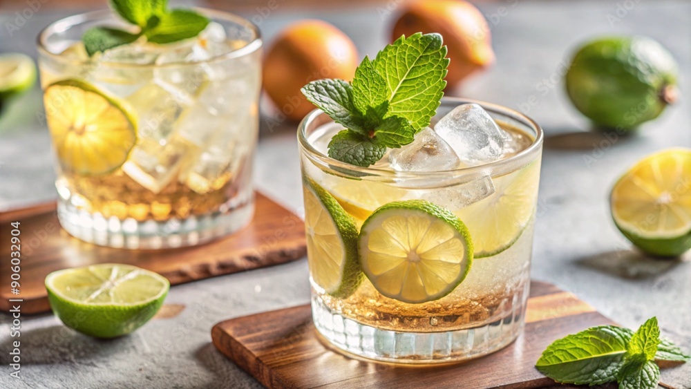 Refreshing mojito cocktail with lime slices and fresh mint leaves in a clear glass text space