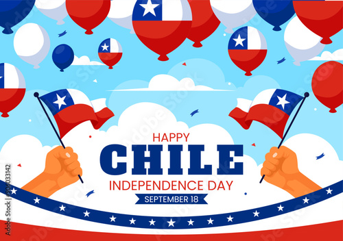 Happy Chile Independence Day Vector Illustration with Waving Flag and Ribbon in National Holiday Flat Style Cartoon Background