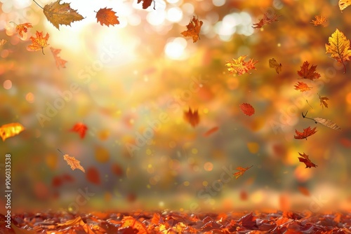 A beautiful autumn scene with colorful leaves falling in a forest, illuminated by warm sunlight.