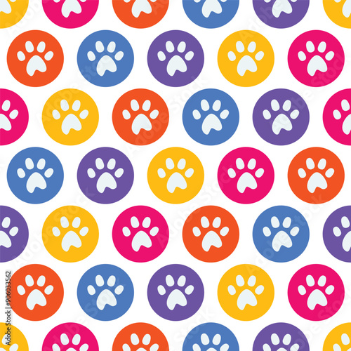 seamless pattern of white footprints in colorful circles on a transparent background
