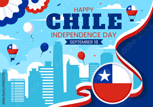 Happy Chile Independence Day Vector Illustration with Waving Flag and Ribbon in National Holiday Flat Style Cartoon Background