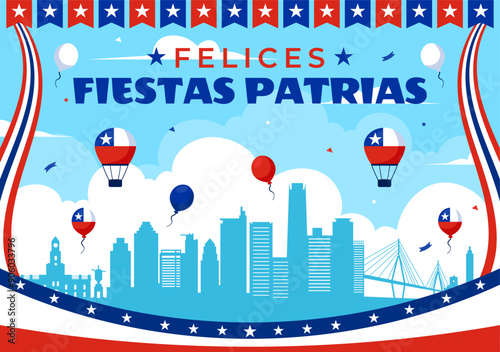 Translation : Happy Chile Independence Day Vector Illustration. with Waving Flag and Ribbon in National Holiday Flat Style Cartoon Background