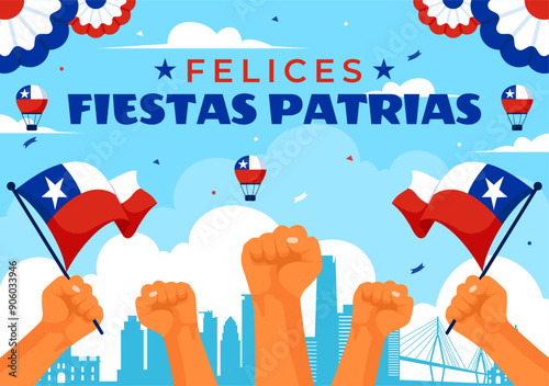 Translation : Happy Chile Independence Day Vector Illustration. with Waving Flag and Ribbon in National Holiday Flat Style Cartoon Background