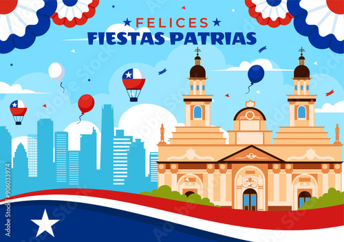 Translation : Happy Chile Independence Day Vector Illustration. with Waving Flag and Ribbon in National Holiday Flat Style Cartoon Background