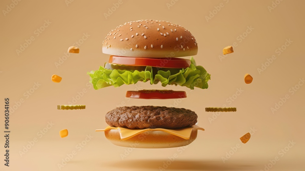 A classic cheeseburger with all its ingredients floating in mid-air against a beige background. A classic cheeseburger with all its ingredients floating in mid-air against a beige background.