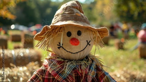 Fototapeta Naklejka Na Ścianę i Meble -  Close-up of a scarecrow and hay bales at a fall festival decoration. 