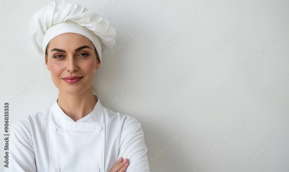 Confident Chef: Cheerful 30s Woman with Hat and Crossed Arms on White Background