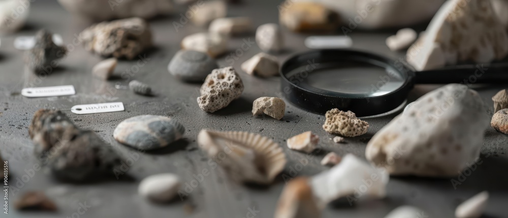 Closeup of various rocks, shells, and a magnifying glass on a dark surface. Closeup of various rocks, shells, and a magnifying glass on a dark surface.