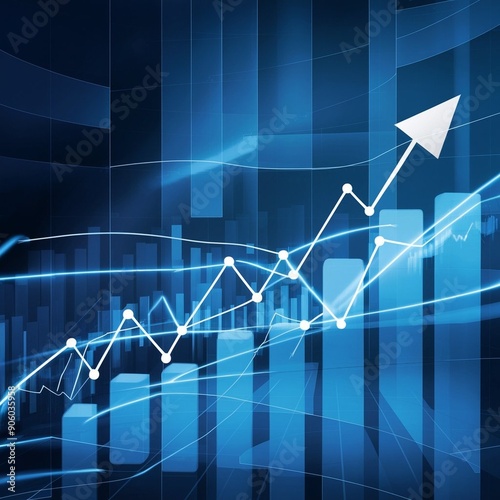 Create a dynamic background featuring a deep blue backdrop overlaid with a financial bar chart. Include an uptrend line and an abstract, widescreen stock market graph to convey growth  photo