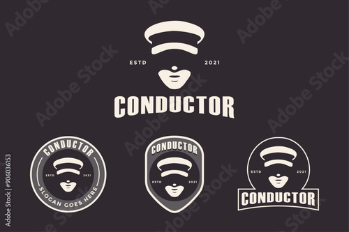Set of head hat of conductor logo badge vector template on dark background