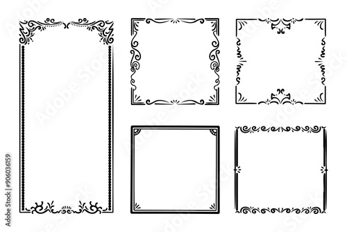 collection frames, hand drawn ink elements on white background