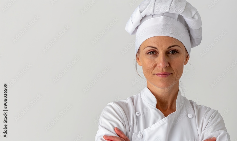 Confident Chef: Cheerful 30s Woman with Hat and Crossed Arms on White Background Confident Chef: Cheerful 30s Woman with Hat and Crossed Arms on White Background