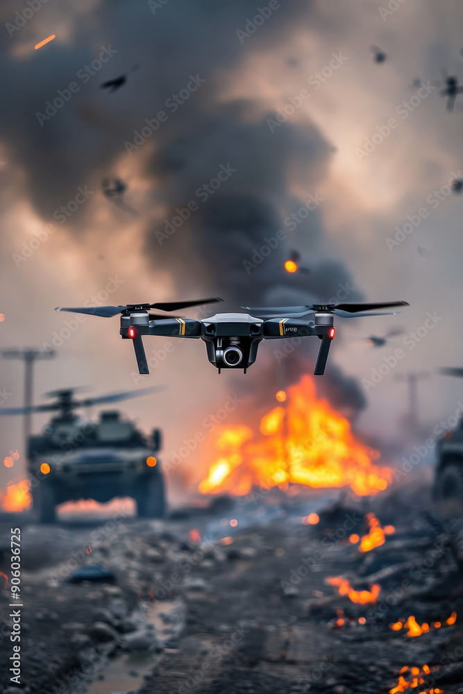 A drone is flying over a battlefield with tanks and fire. Scene is intense and chaotic, as the drone is capturing the destruction and violence of the war A drone is flying over a battlefield with tanks and fire. Scene is intense and chaotic, as the drone is capturing the destruction and violence of the war