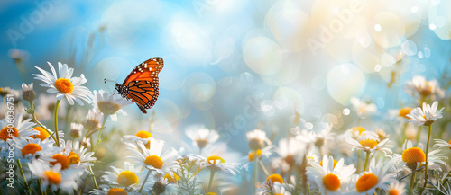 Fototapeta Naklejka Na Ścianę i Meble -  Beautiful spring meadow with daisies and butterflies on blue sky background. summer landscape