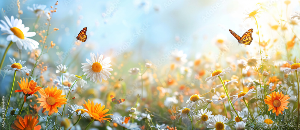 Beautiful spring meadow with daisies and butterflies on blue sky background. summer landscape Beautiful spring meadow with daisies and butterflies on blue sky background. summer landscape