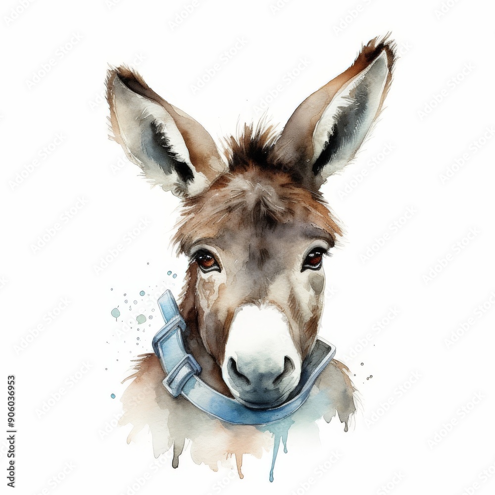 Watercolor painting of a donkey with a blue collar Watercolor painting of a donkey with a blue collar