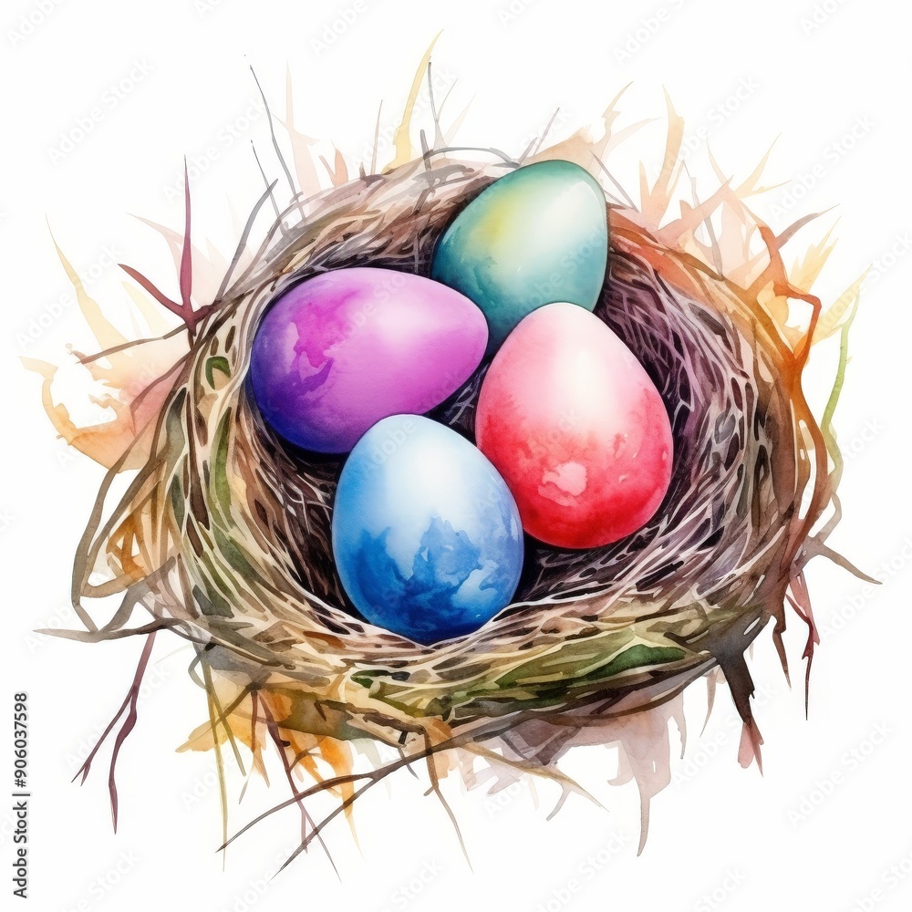 Obraz premium Watercolor painting of Easter eggs in a nest