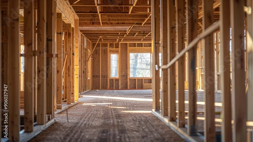 The interior of a new home under construction, with walls being framed and spaces beginning to take shape