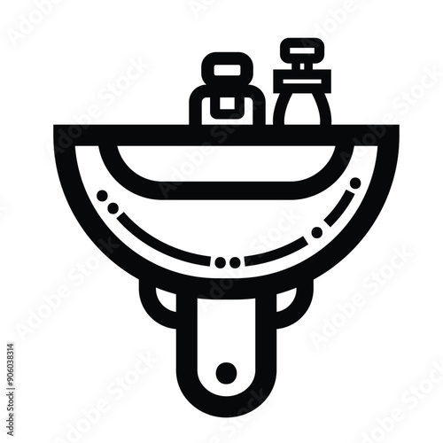 Sink with faucet and hand soap bottle icon illustration isolated on square white background. Simple flat outlined cartoon art styled drawing. Bathroom or kitchen interior object.