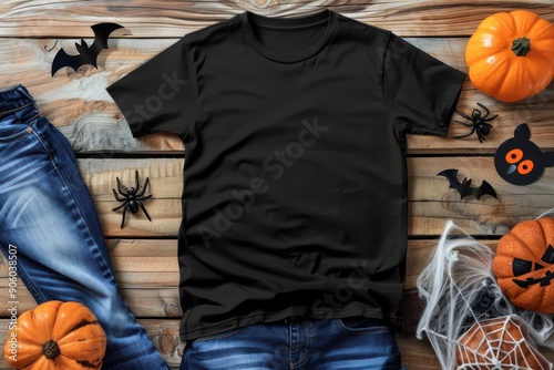 A black shirt is displayed on a wooden table with a pair of blue jeans and a pumpkin. The shirt is empty and the table is decorated with Halloween decorations