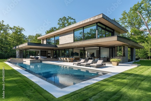 Beautifully manicured lawn in front of a pool area at a modern minimalist home in Long Island, New York. Lush green grass and poolside seating for relaxation after swimming. © JIALU