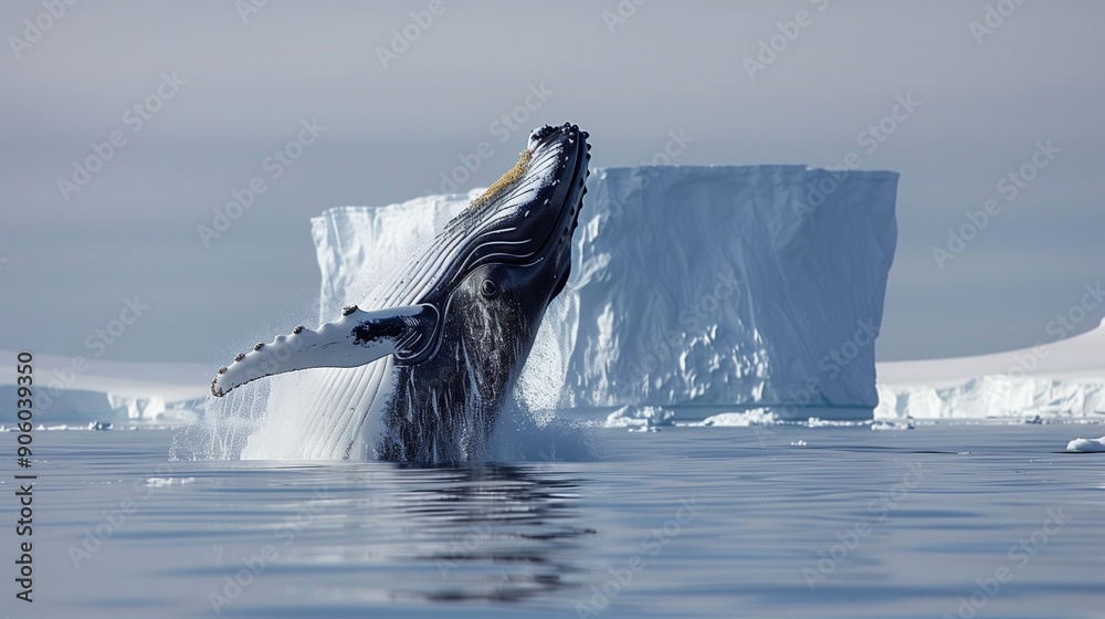 Humpback Whale Breaching Near Iceberg in Pristine Arctic Waters Stock ...