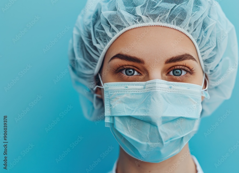 Surgical masked woman in medical attire on blue background for health and safety concept Surgical masked woman in medical attire on blue background for health and safety concept